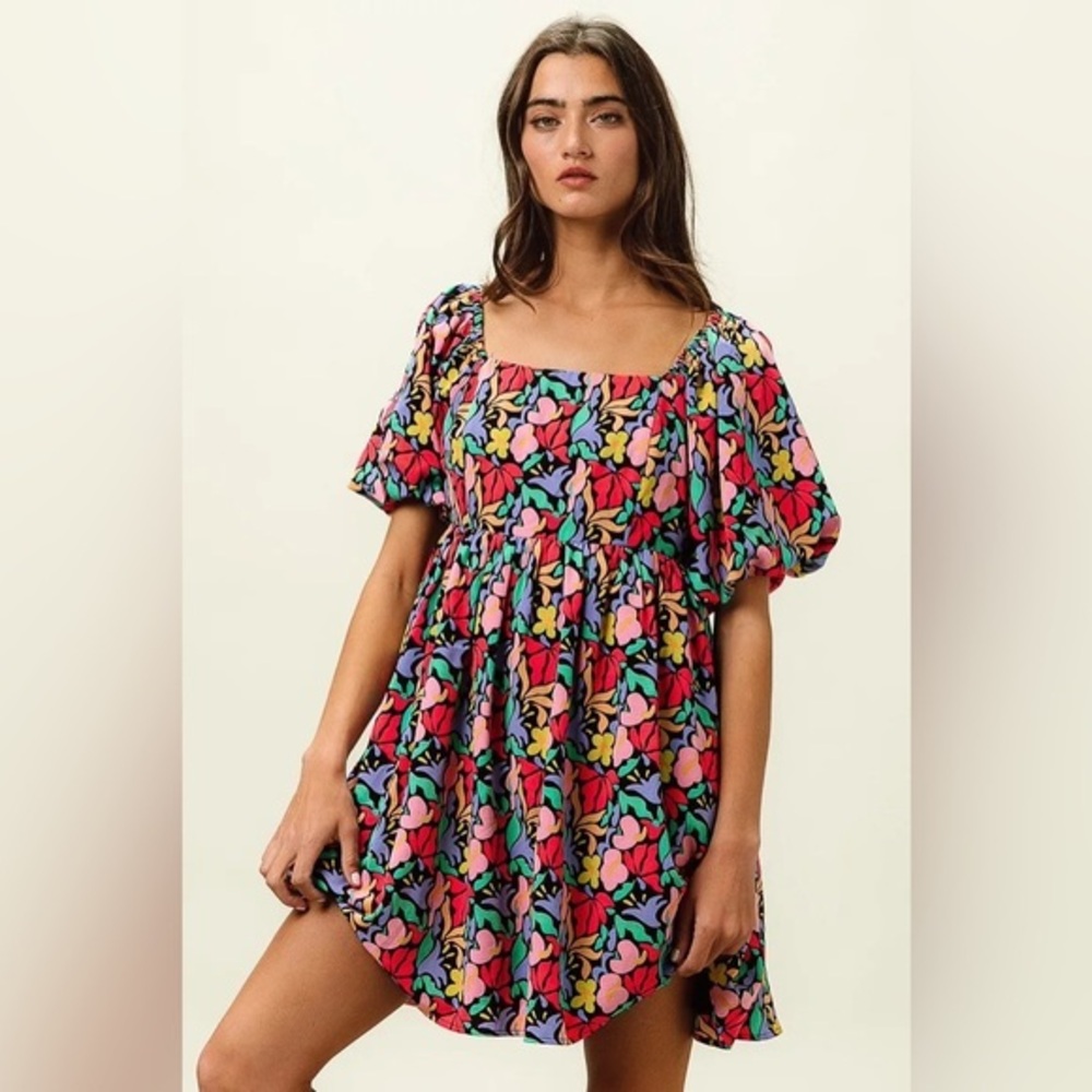 BiBi Floral Print Puff Square Neck Dress
